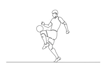 Obraz premium Football player in action in continuous one line drawing. Single line art illustration of soccer player. Editable vector.