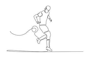 Football player in action in continuous one line drawing. Single line art illustration of soccer player. Editable vector.