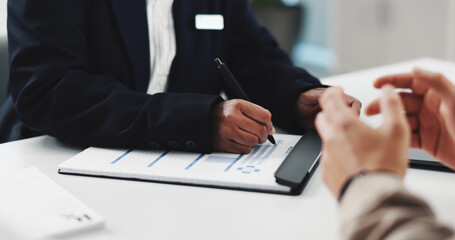 Hands, patient and doctor writing on document for medical report, health insurance or prescription....