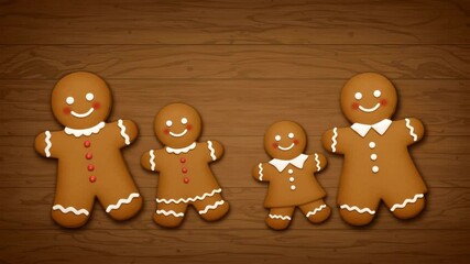 A sweet gingerbread family, adorned with icing and candy buttons, stands together on rustic wooden surface, creating festive scene. - Powered by Adobe
