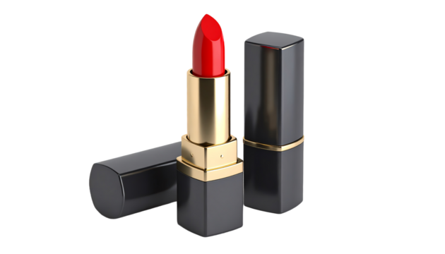 Elegant red lipstick with sleek black packaging.