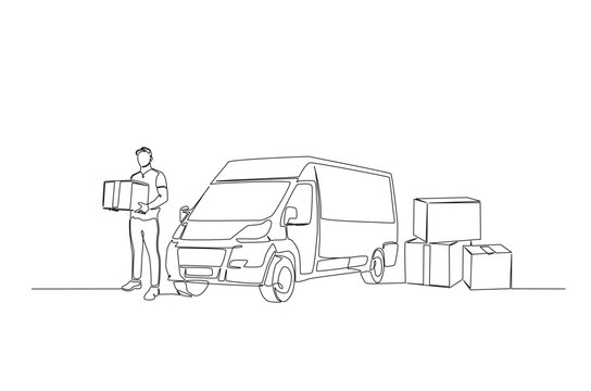 Fototapeta Delivery man holding cardboard box in continuous one line drawing. Single line art illustration of courier man with the truck. Editable vector.