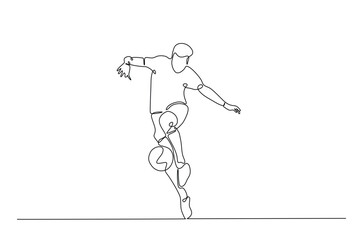 Football player in action in continuous one line drawing. Single line art illustration of soccer player. Editable vector.