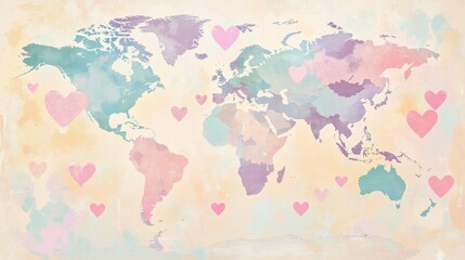 A map of the world with countries highlighted in soft pastel colors, each containing a heart, symbolizing peace