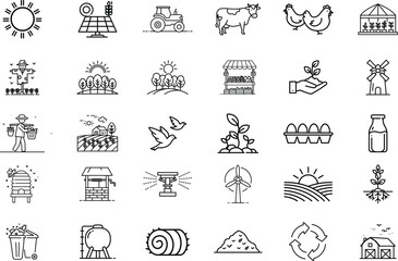 Farming and agriculture icons set: vector illustration of farm, crops, animals, and sustainable resources for web and print. line art style, editable and scalable.