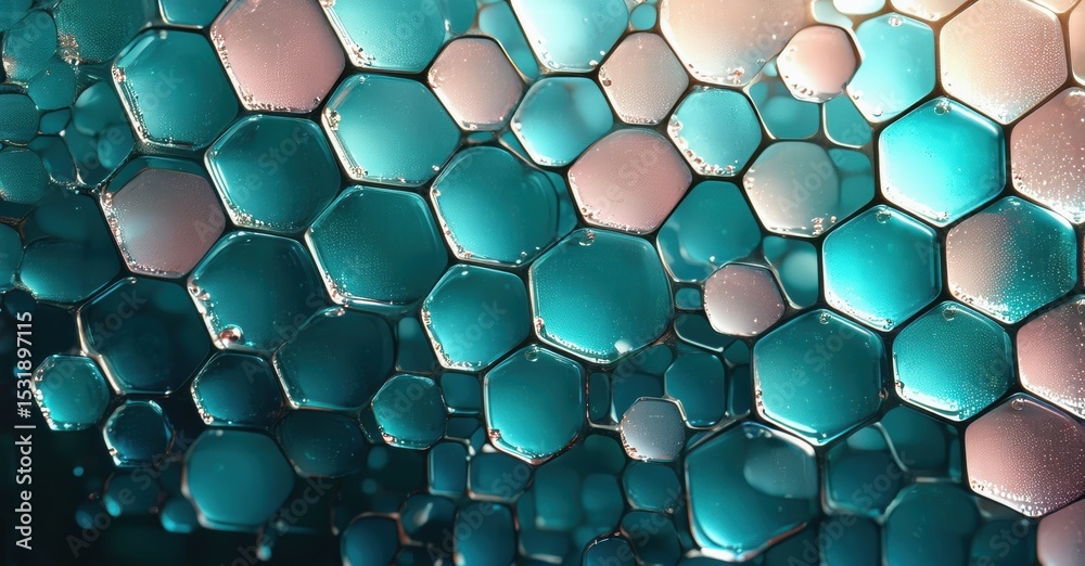 Aufkleber abstract macro photo shows colorful oil droplets forming hexagonal patterns. teal, pink hues dominat