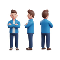 Cartoon Male Character Standing Confidently with Arms Crossed in Casual Blue Outfit
