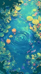 Blue green pond lotus green water ripples illustration poster background