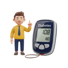 Cartoon Man Wearing Yellow Shirt Standing Next to Glucose Meter Displaying Blood Sugar Level