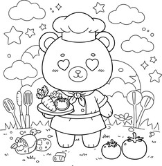 A delightful coloring page featuring an adorable teddy bear chef with loving, heart-shaped eyes. Dressed in a classic hat and apron, he proudly presents a platter of fresh garden vegetables.