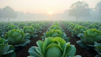 Green cabbage field at sunrise with fog and silhouetted trees