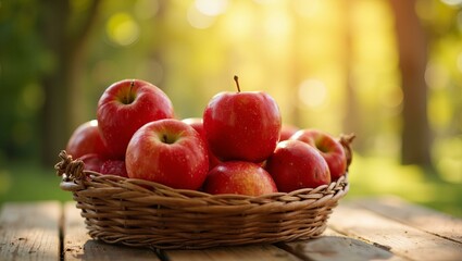Red apples in wicker basket on wooden table with forest background