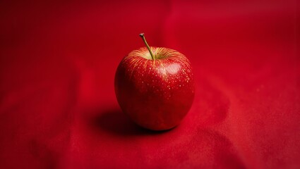Single red apple with yellow speckles on vibrant red background