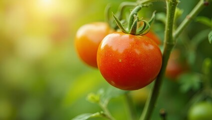 Red tomatoes on vine in lush garden with green foliage background