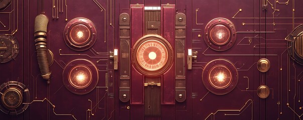 Ancient cipher machine mock concept with radiant symbols on burgundy schematic -