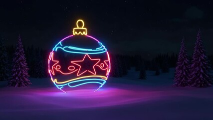 A vibrant neon Christmas ornament shines brightly amidst snowy winter wonderland with scattered pine trees under dark night sky. - Powered by Adobe
