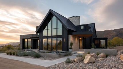 A chic rural retreat featuring bold black board-and-batten siding light limestone accents, expansive floor-to-ceiling windows, basalt stone water
