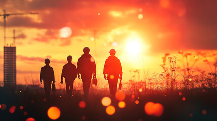 Sunset Pastel Background Featuring Silhouettes Of Engineer And Construction Team Working