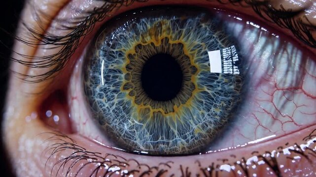 Extreme close-up of a human eye dilating with streaming AI code reflections in a seamless 6-second loop