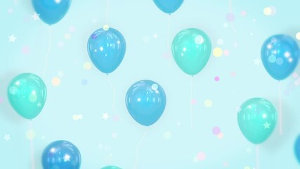 Background of star and confetti falling on blue and green balloons created with CG	