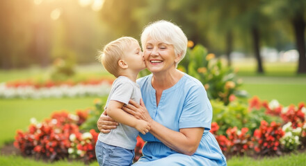 Happy Grandmother Being Kissed On Cheek By Grandson Outdoors In Green Park With Flowers During Sunny Day