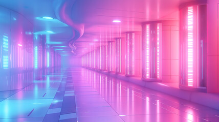 Fototapeta premium Modern Data Center Featuring Rows Of Servers Illuminated By Pink And Blue Vibrant Lights