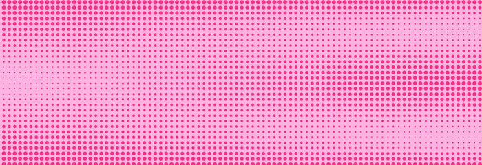 Pink halftone pattern. Retro comic gradient background. Rose pixelated dotted texture overlay. Cartoon pop art faded gradient pattern. Vector backdrop for poster, banner, advertisement