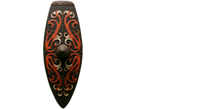 Ornate wooden shield against green background