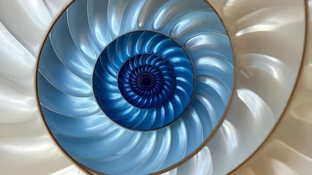 Close-up shot of a nautilus shell revealing its intricate spiral chambers in shades of white and blues, conveying growth and natural geometry