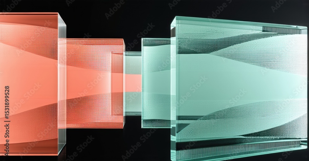 Poster abstract glass structures, red, teal hues. light beams pass through, creating visual effect. modern 