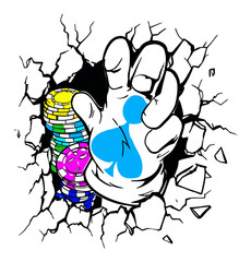 Hand Breaking Through Wall with Poker Chips and Gambling Theme Illustration