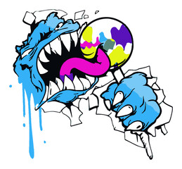 Vivid Illustration of a Monster Breaking Through Wall in Graffiti Style