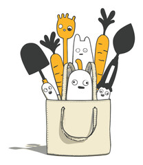 Whimsical Cartoon Characters in a Bag Surrounded by Gardening Tools