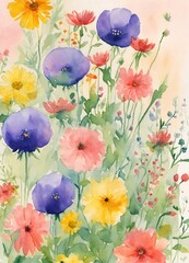 Watercolor painting of vibrant spring flowers in bloom