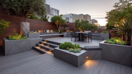 A contemporary outdoor lounge deck in cool gray composite, with bold geometric planters recessed lighting accenting steps sunset