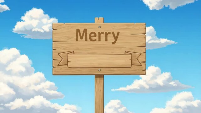 Against a summer sky, wooden signpost shows the word "Merry" above blank space for additional information.