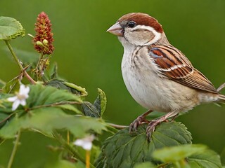 House sparrow perched on green branch with red-brown cap and striped wings in natural habitat - beautiful small songbird wildlife photography