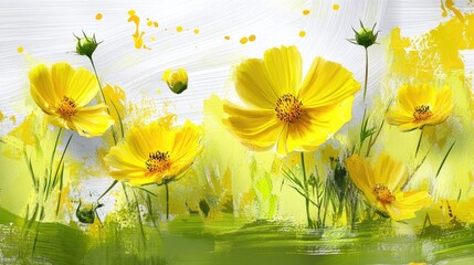 Yellow cosmos flowers in a seamless watercolor wash, bright and cheerful botanical concept