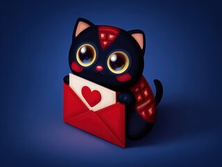 Cute black cat holding a red envelope with a heart