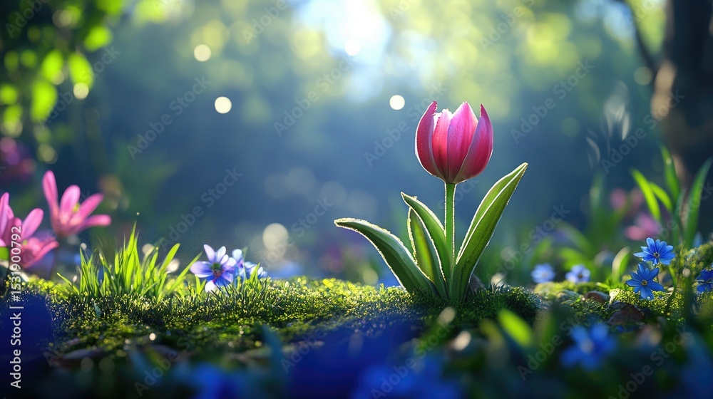 Poster Tulip in full bloom with soft focus background of spring lights and colors