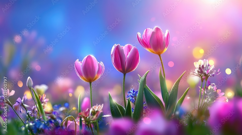 Poster Tulip in full bloom with soft focus background of spring lights and colors
