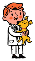 Obraz premium Happy Boy in White Coat Embracing Cute Yellow Dog Vector Illustration