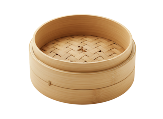 Round bamboo steamer basket isolated on transparent background