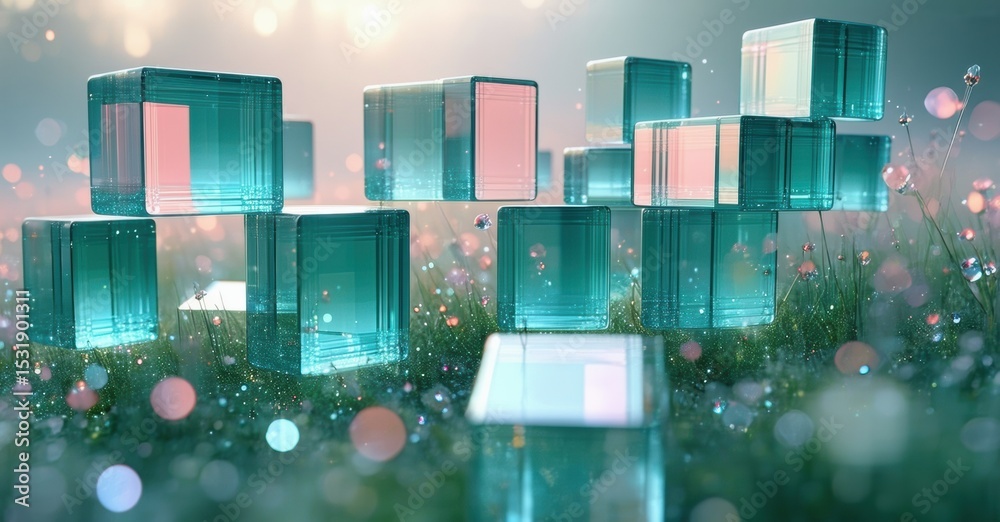 Aufkleber Abstract cubes float above grassy field. Soft light creates dreamy, ethereal atmosphere. Reflections shimmer, adding depth.