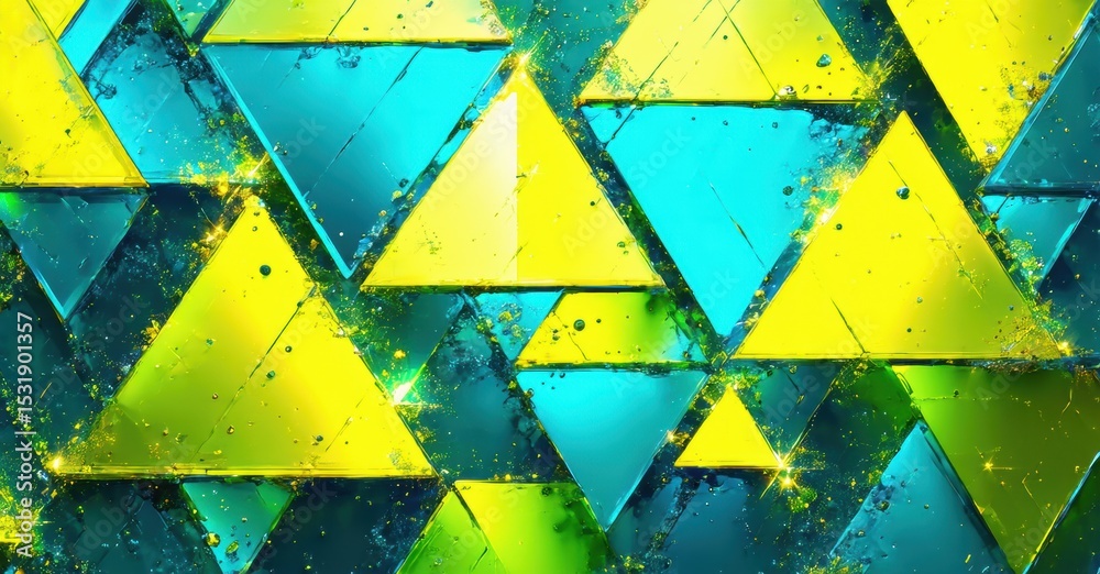 Poster Abstract geometric pattern. Triangles overlap, creating vibrant texture. Yellow, turquoise, green hues dominate design. Sparkles add visual interest.