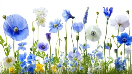 Set of soft blue summer flowers in watercolor style, including wild poppies and garden blooms