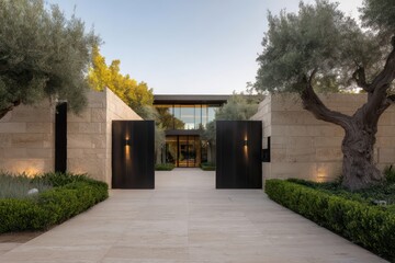 A contemporary villa entrance with sleek black steel gates, smooth travertine driveway leading to low-profile home sand-toned stone