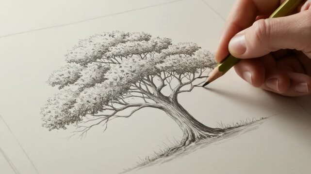 Time-lapse of artistic hand drawing detailed tree with pencil on paper, sketching nature