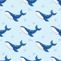 seamless pattern with sea animals whale with blue background illustration art