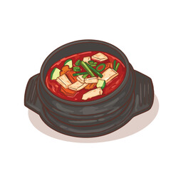 Illustration of Chinese hot pot with meat and vegetables on a white background
